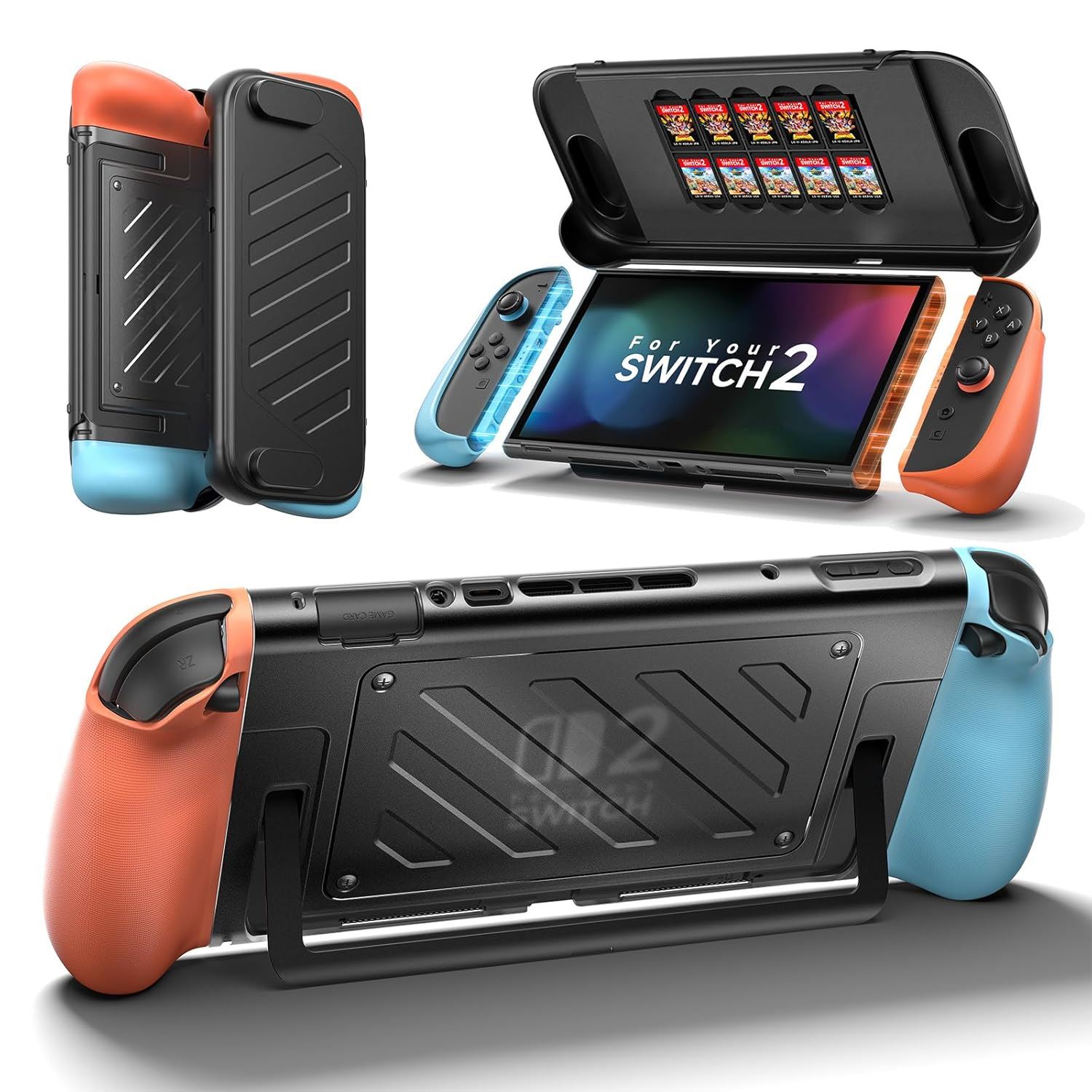 Funda JSAUX para Nintendo Switch 2 con Grip Ergonómico, Tapa Frontal y Almacenamiento para 10 Juegos - Azul y Naranja